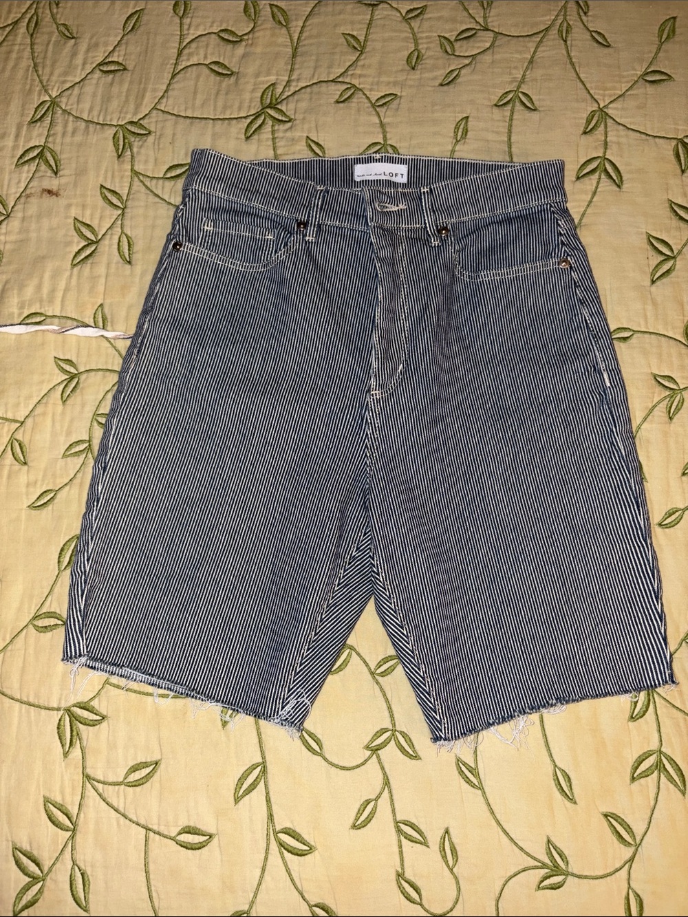 LOFT Navy and White Pinstripe Denim Cutoff Shorts - Picture 1 of 4